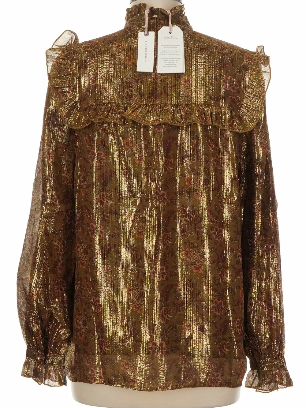 Louise Misha Metallic Olive Gold Floral Ruffle Button-Down Blouse - Picture 4 of 5